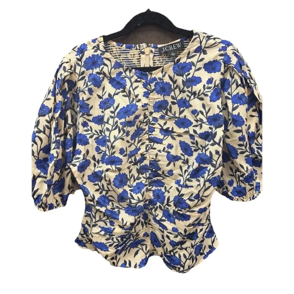New J.Crew Size 8 Veranda shirt Ruched Smocked Blue Floral Puff Sleeves Satin i6